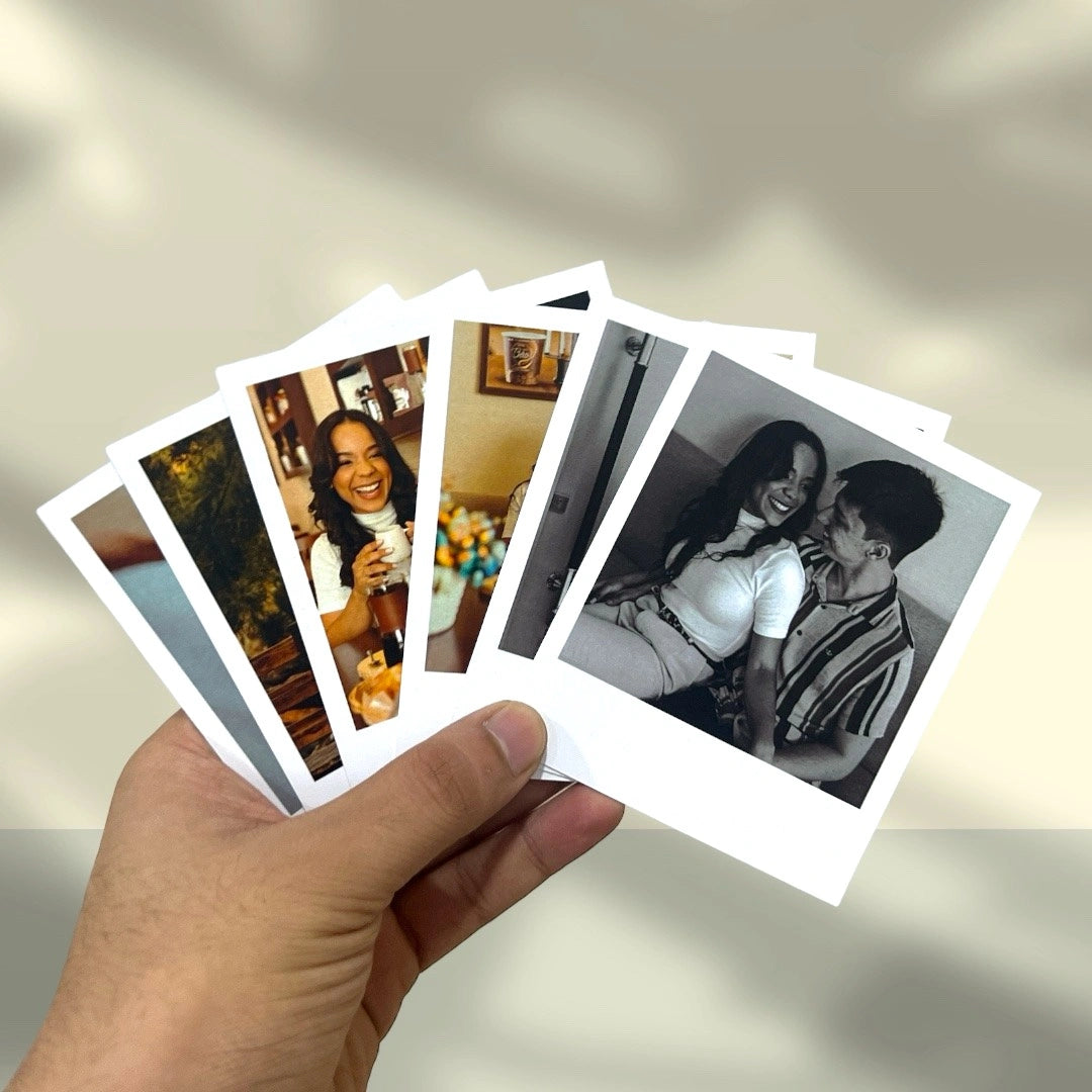 HappyBooth - 10 Customised Mini Photo Print Personalized Gifts with Your Photos Add Emojis & Text Gift Multicolour 4 X 3 Inches, White, (Pack of 10)